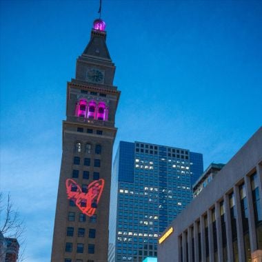 Dynamic Downtown Denver Grant, video mapping on D&amp;F Clocktower, 380x380